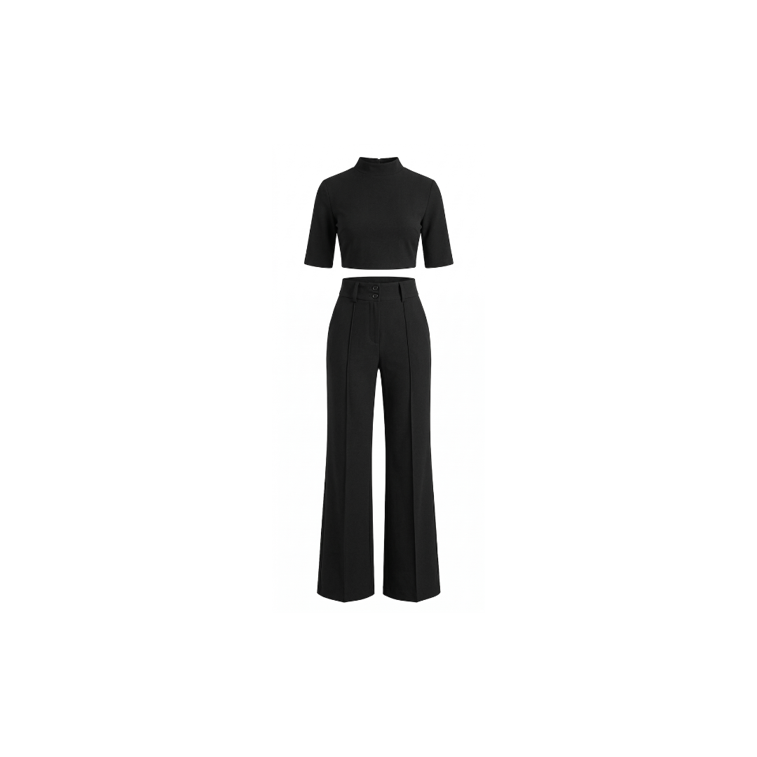 Elegante conjunto compuesto por un top corto y pantalones de pierna ancha para mujer.