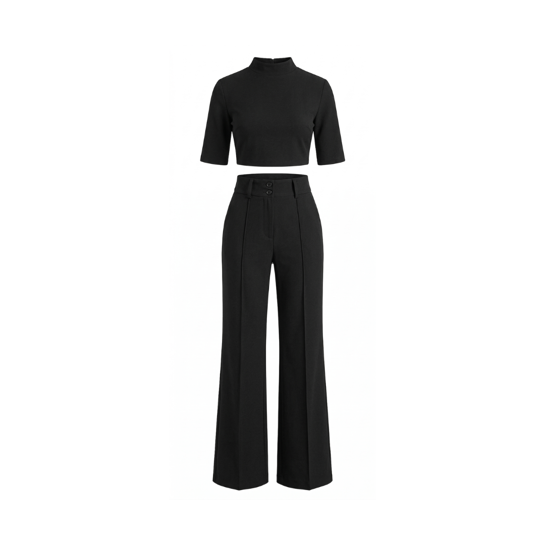 Elegante conjunto compuesto por un top corto y pantalones de pierna ancha para mujer.
