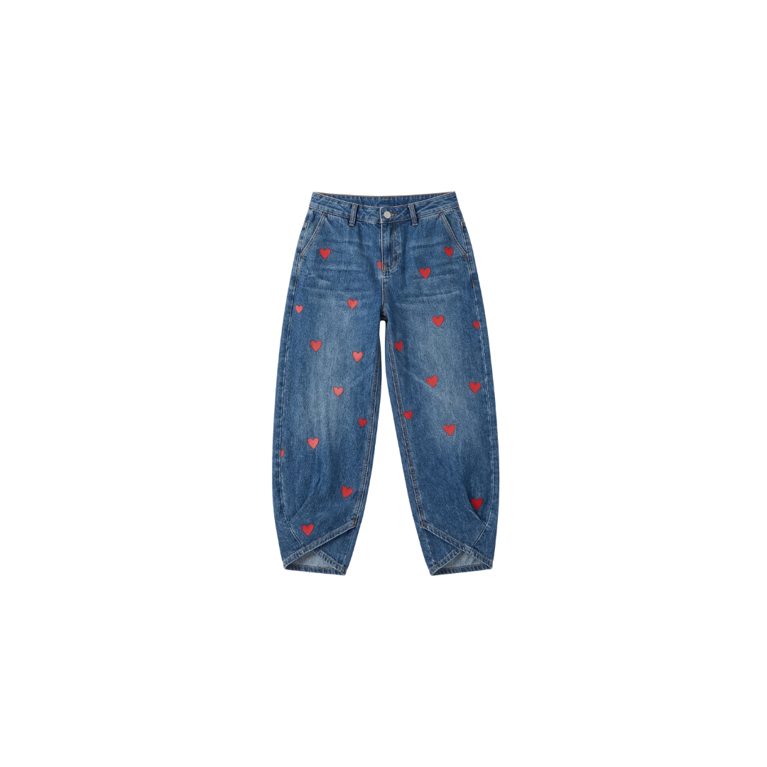 Pantalón denim con estampado de corazones, largo al tobillo