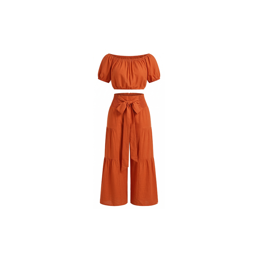 Conjunto para mujer: Top con hombros descubiertos y mangas abullonadas y pantalón de pierna ancha