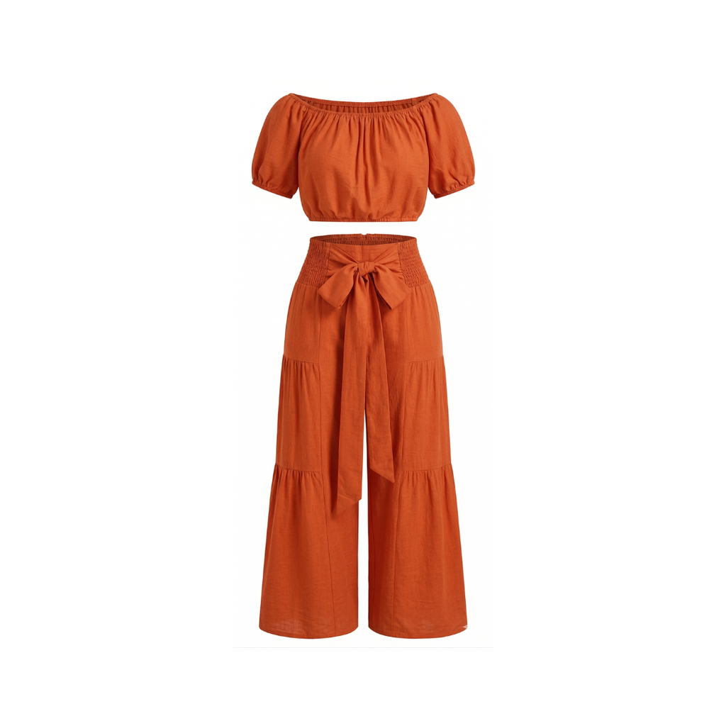 Conjunto para mujer: Top con hombros descubiertos y mangas abullonadas y pantalón de pierna ancha