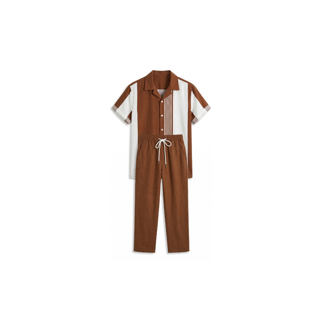 Conjunto de dos piezas de camisa y pantalón para hombre con diseño de bloques de color.
