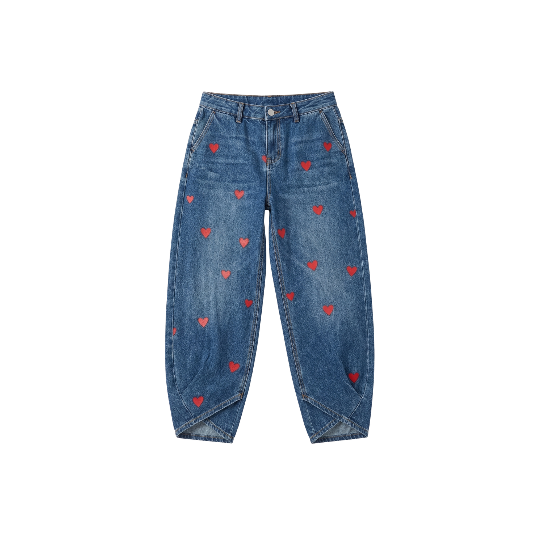 Pantalón denim con estampado de corazones, largo al tobillo