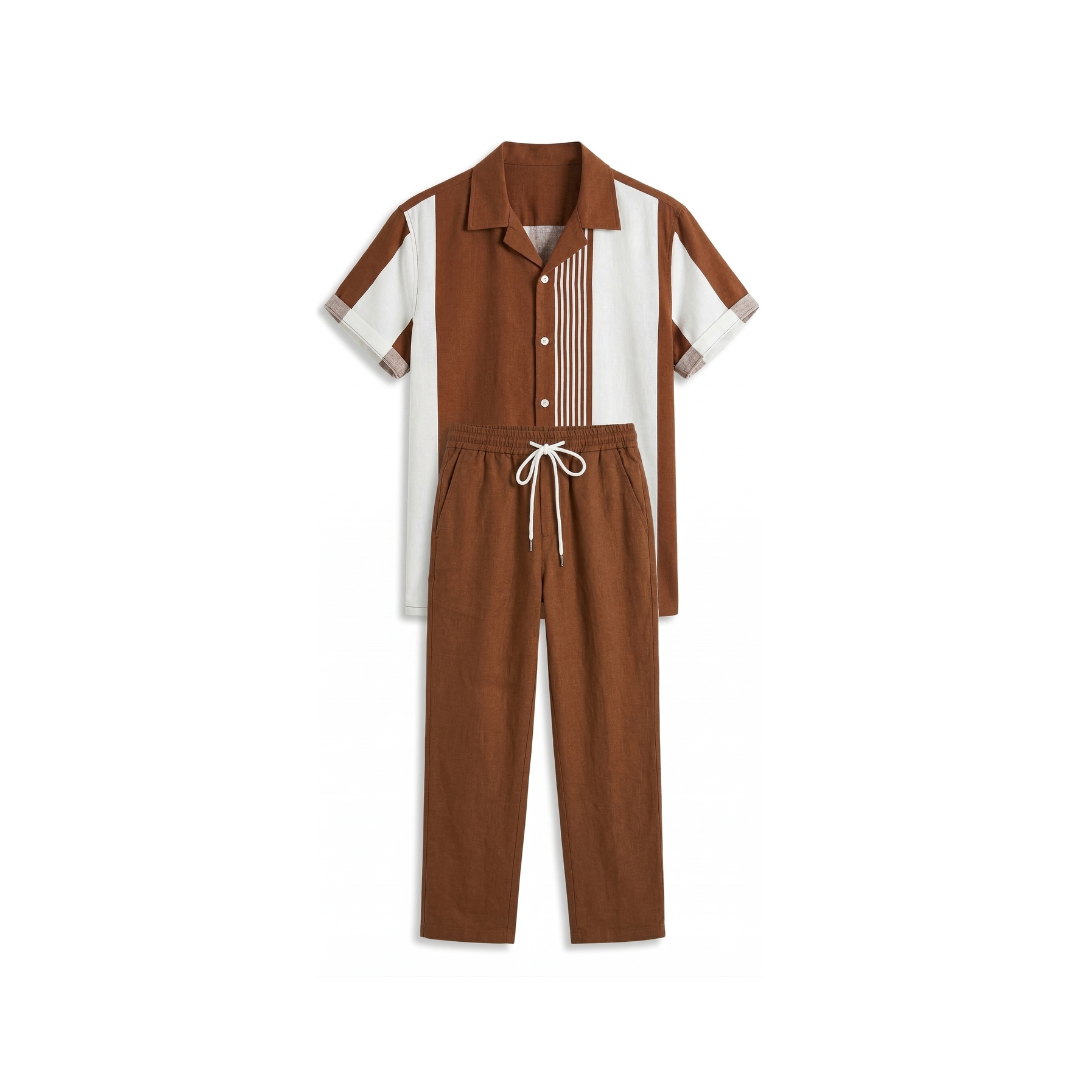 Conjunto de dos piezas de camisa y pantalón para hombre con diseño de bloques de color.