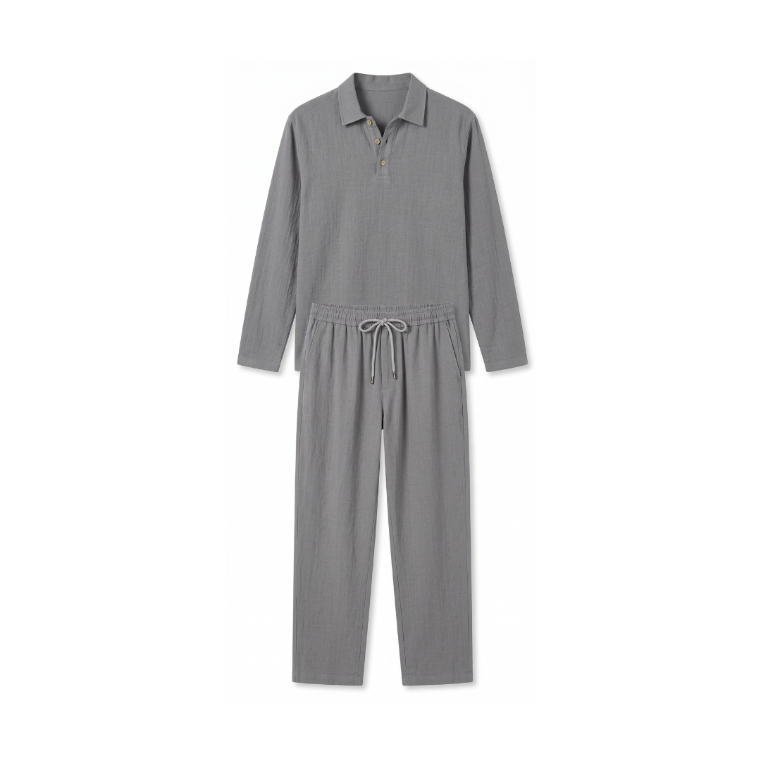 Conjunto informal de 2 piezas para hombre: polo de lino de manga larga y pantalón largo, ideal para primavera y verano.