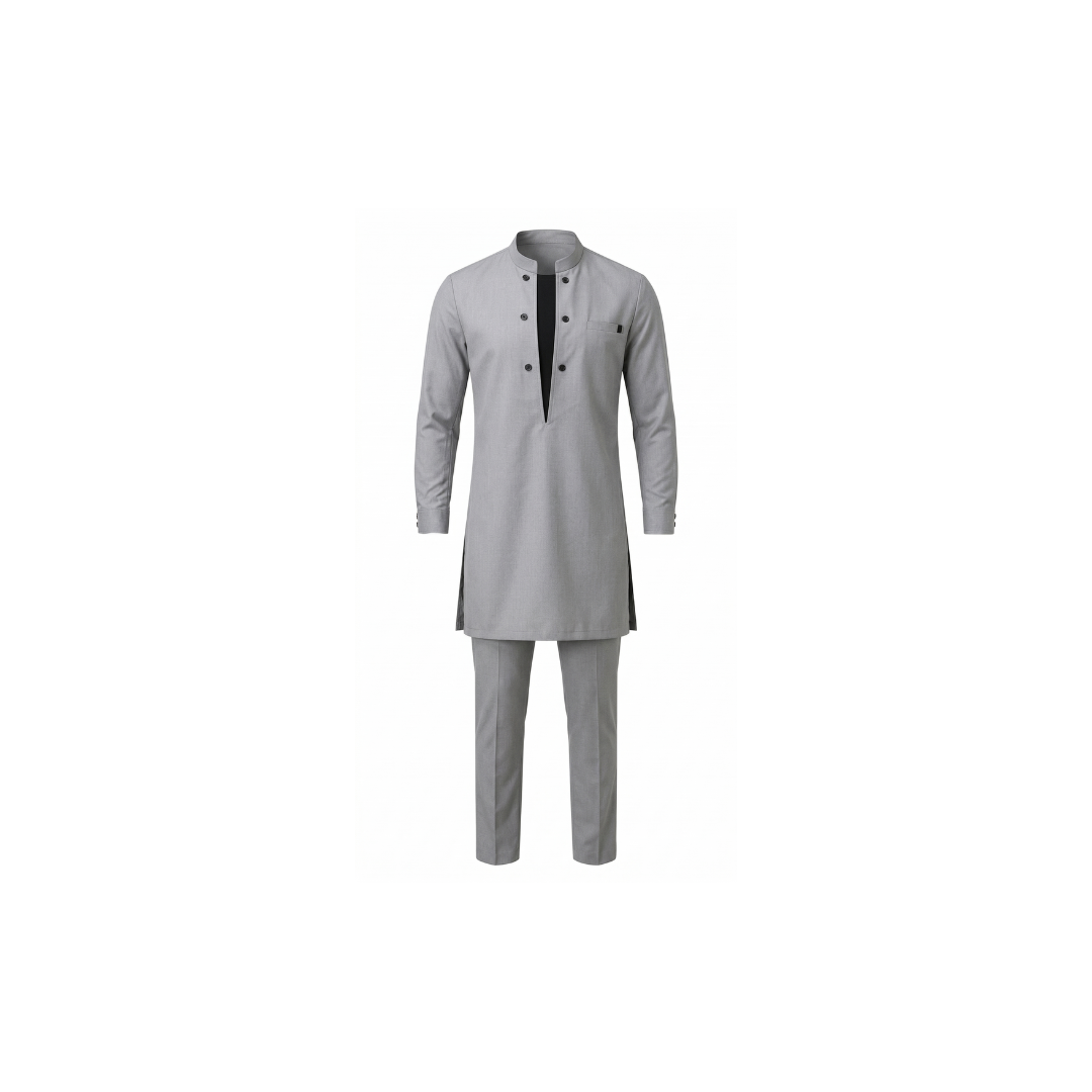 Conjunto moderno de túnica y pantalón con cuello alto para hombre.