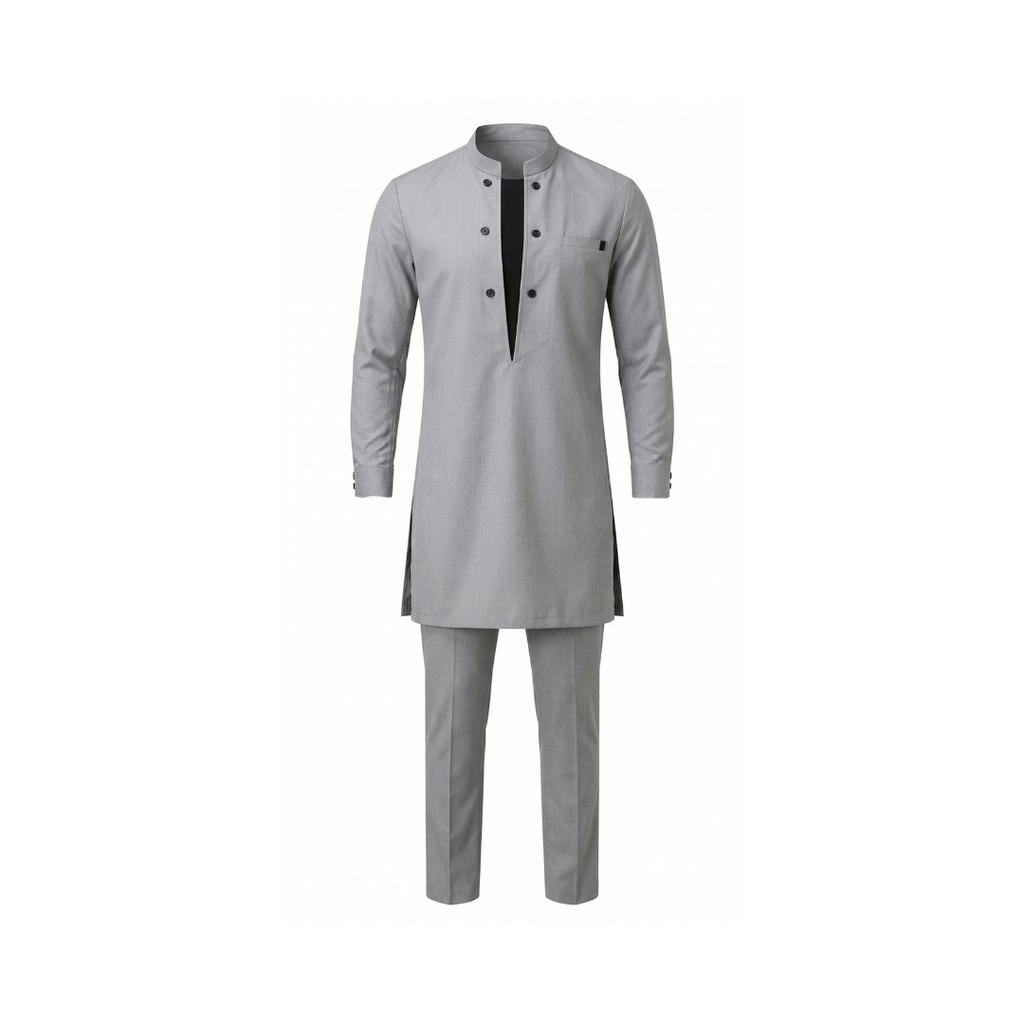 Conjunto moderno de túnica y pantalón con cuello alto para hombre.