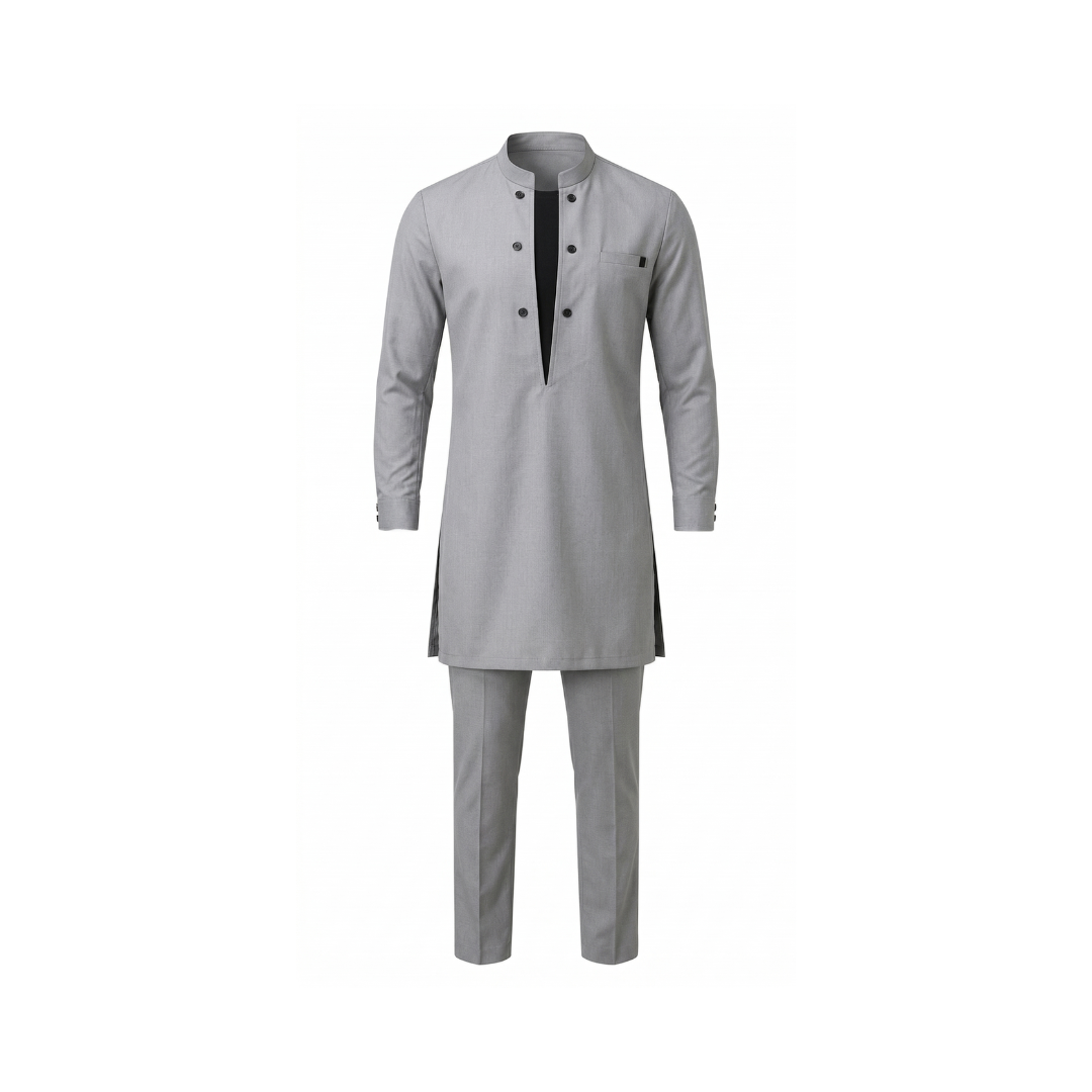 Conjunto moderno de túnica y pantalón con cuello alto para hombre.