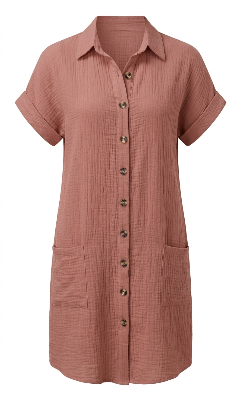 Camisa casual de mujer con mangas cortas, botones y bolsillo.