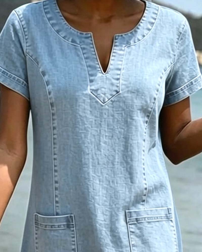 Vestido vaquero casual con bolsillo y escote en V pequeño