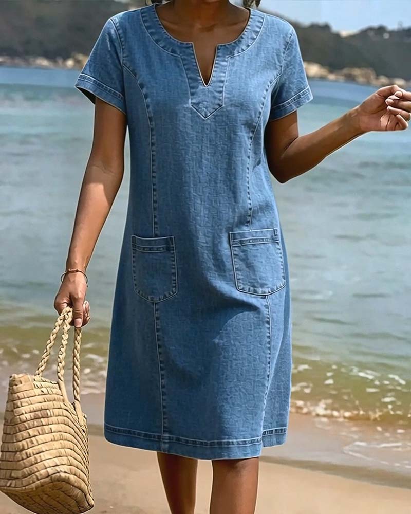 Vestido vaquero casual con bolsillo y escote en V pequeño