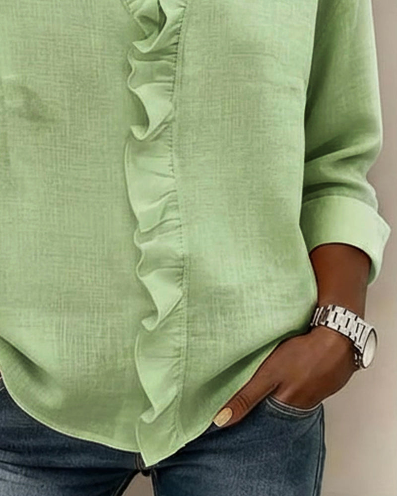 Blusa con volantes, escote en V y manga larga