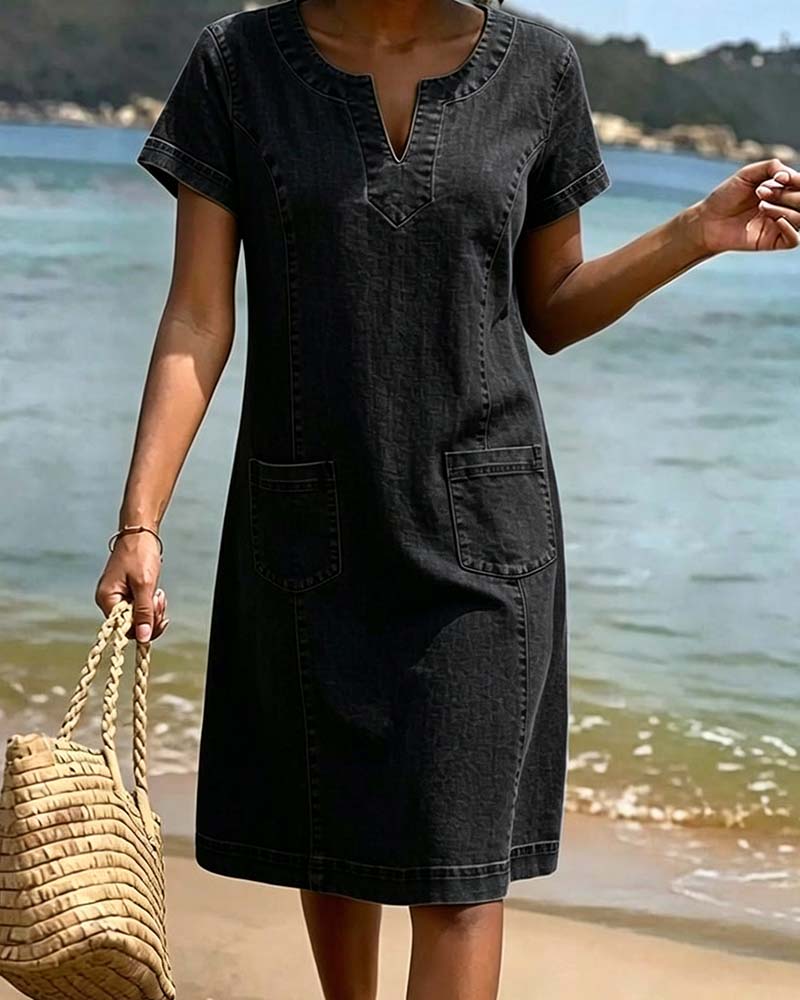 Vestido vaquero casual con bolsillo y escote en V pequeño