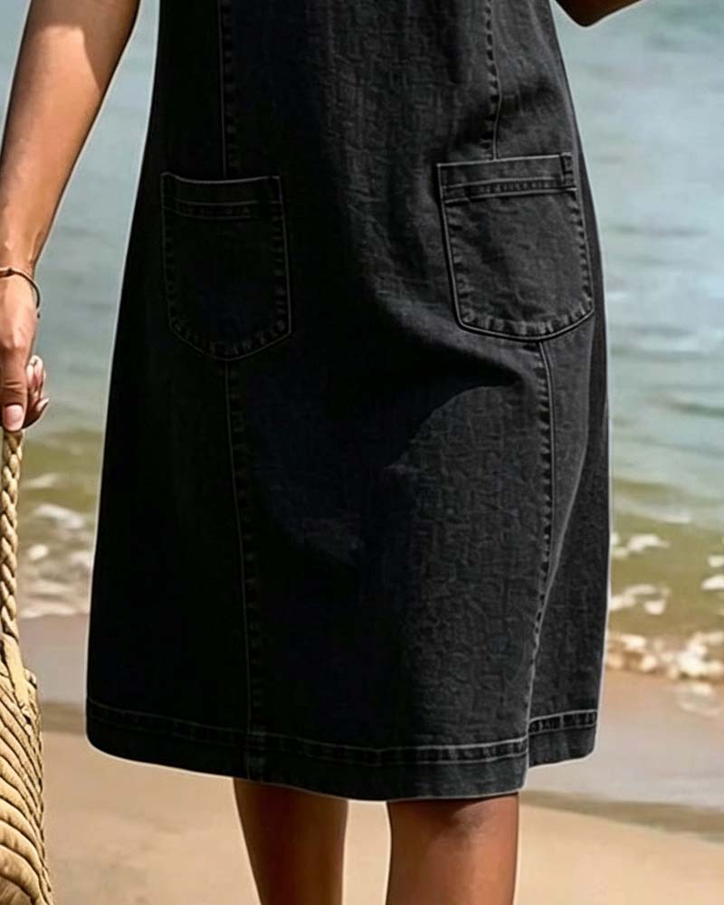 Vestido vaquero casual con bolsillo y escote en V pequeño