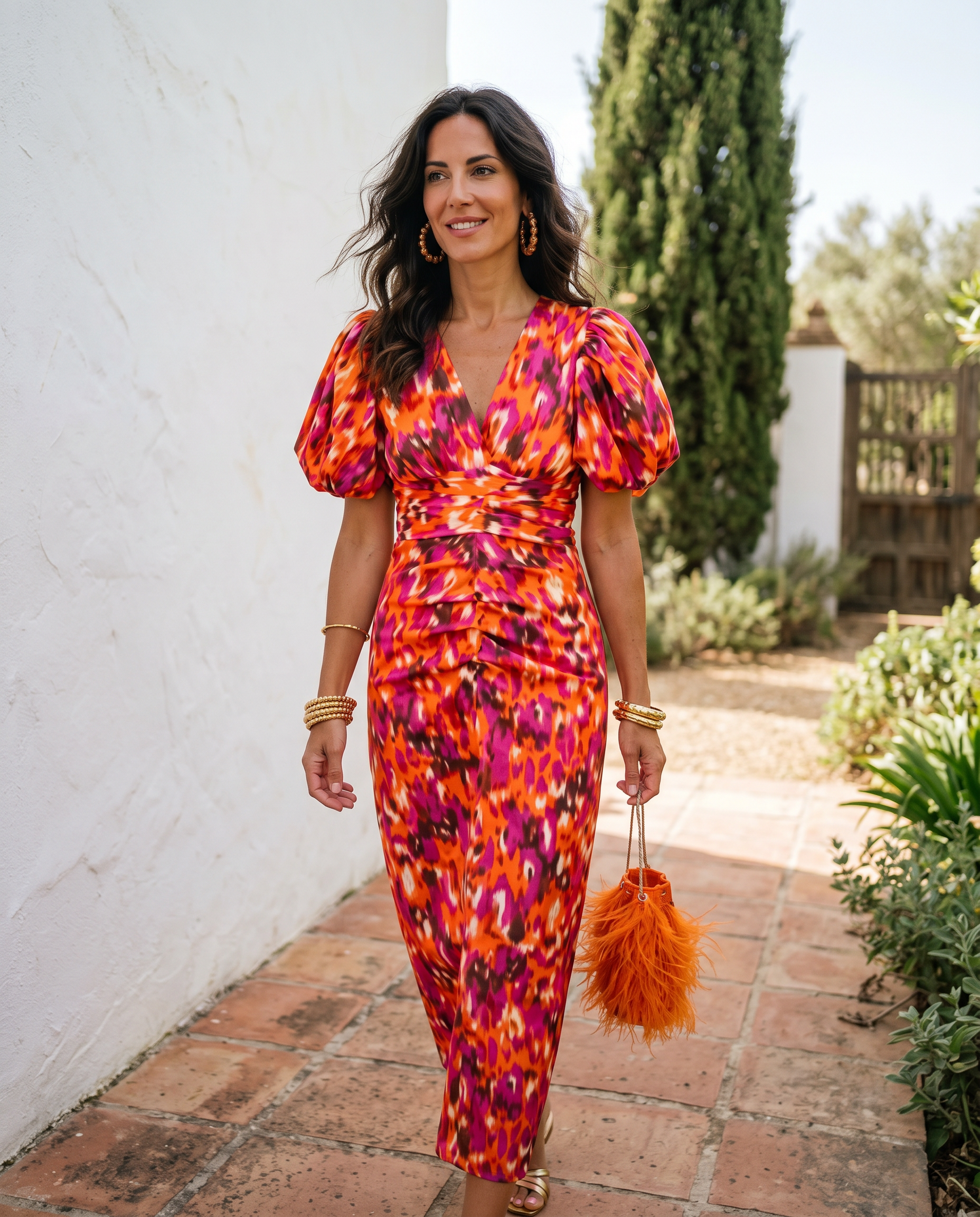 Carla | Vestido Midi Estampado con Mangas Abullonadas