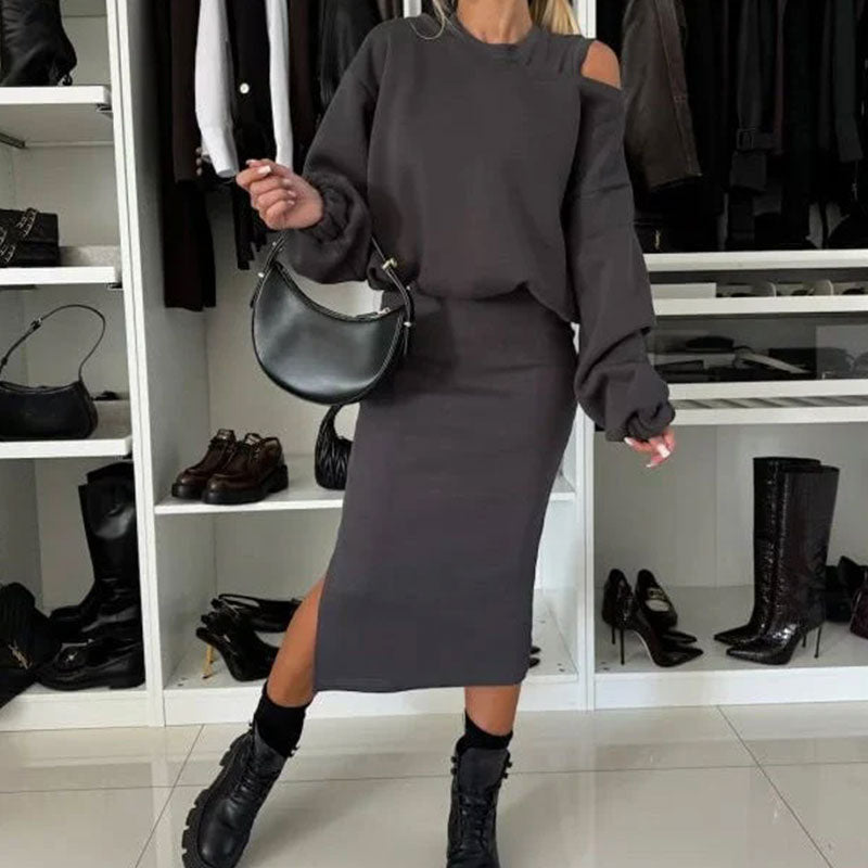 Conjunto de mujer con sudadera de hombros descubiertos y vestido sin mangas