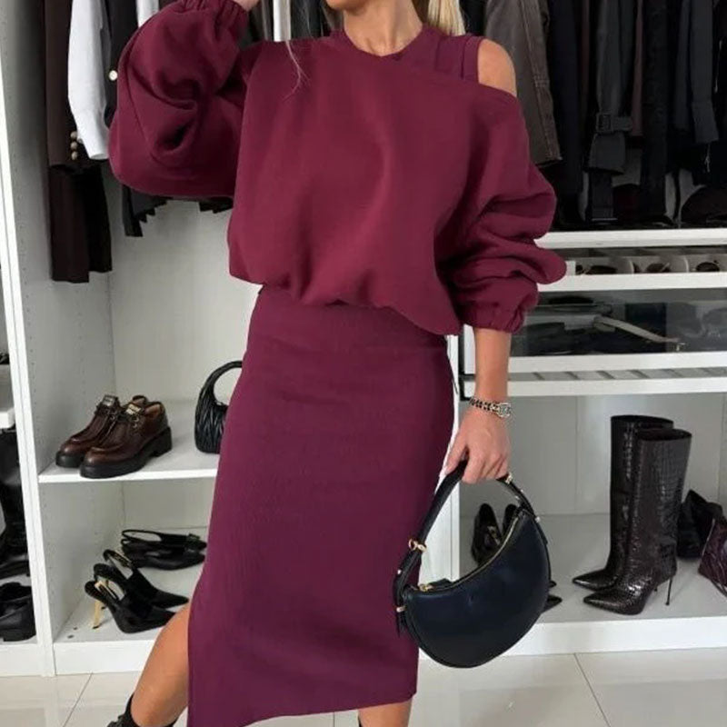 Conjunto de mujer con sudadera de hombros descubiertos y vestido sin mangas