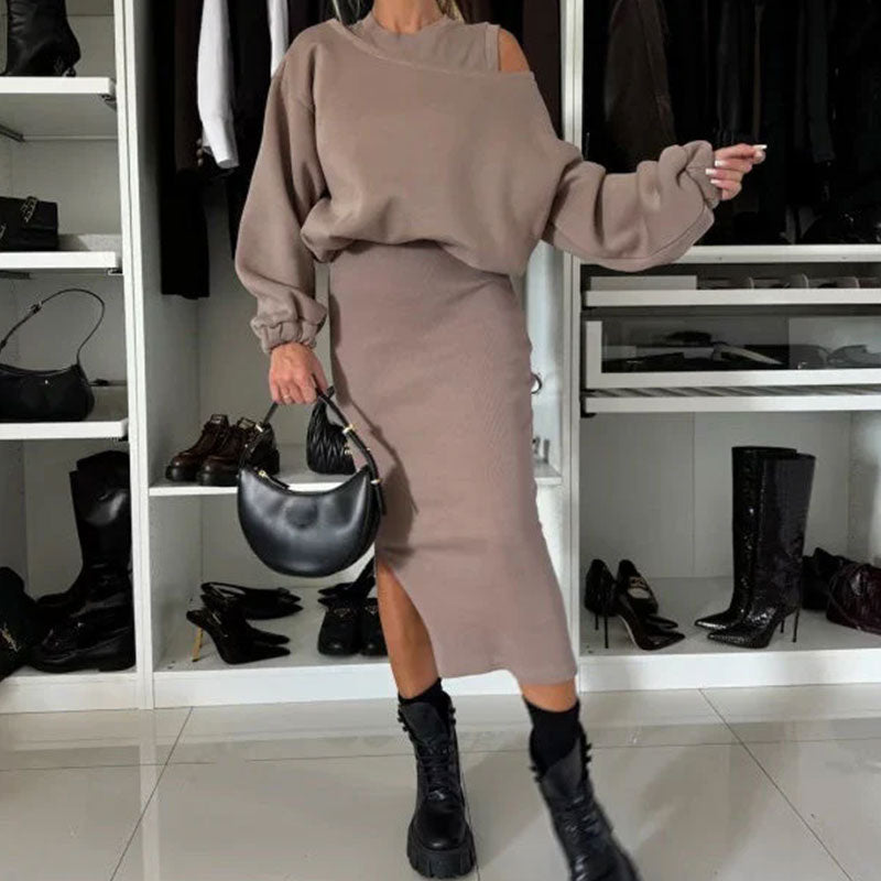 Conjunto de mujer con sudadera de hombros descubiertos y vestido sin mangas