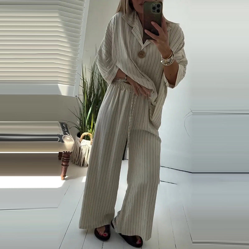 Conjunto de 2 piezas para mujer: top a rayas y pantalón de pierna ancha