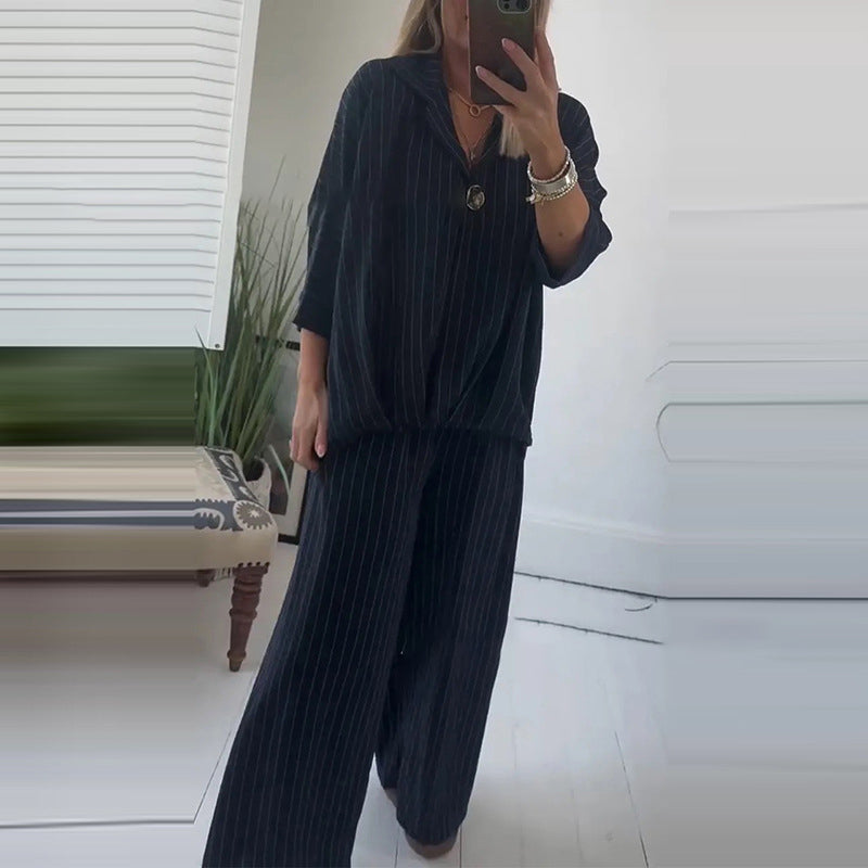 Conjunto de 2 piezas para mujer: top a rayas y pantalón de pierna ancha