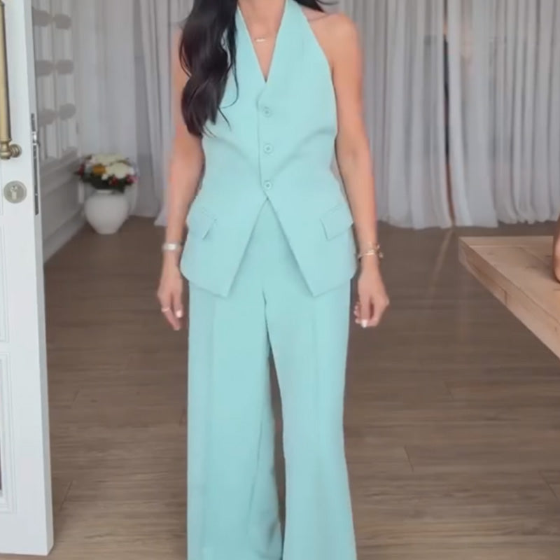 Conjunto de top de tirantes y pantalón de pierna ancha para mujer