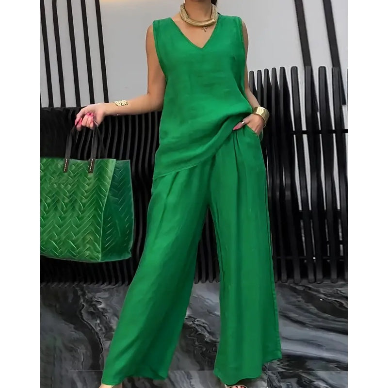 Conjunto de dos piezas de verano para mujer, de color liso y estilo relajado: top sin mangas con escote en V y pantalón de pierna ancha.