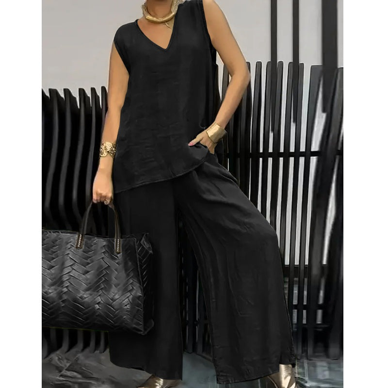 Conjunto de dos piezas de verano para mujer, de color liso y estilo relajado: top sin mangas con escote en V y pantalón de pierna ancha.