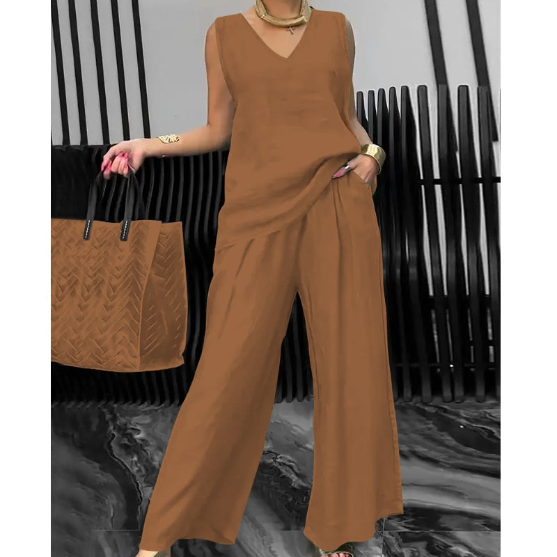 Conjunto de dos piezas de verano para mujer, de color liso y estilo relajado: top sin mangas con escote en V y pantalón de pierna ancha.