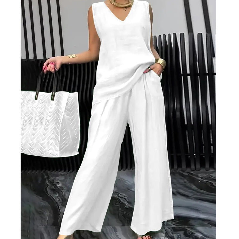 Conjunto de dos piezas de verano para mujer, de color liso y estilo relajado: top sin mangas con escote en V y pantalón de pierna ancha.