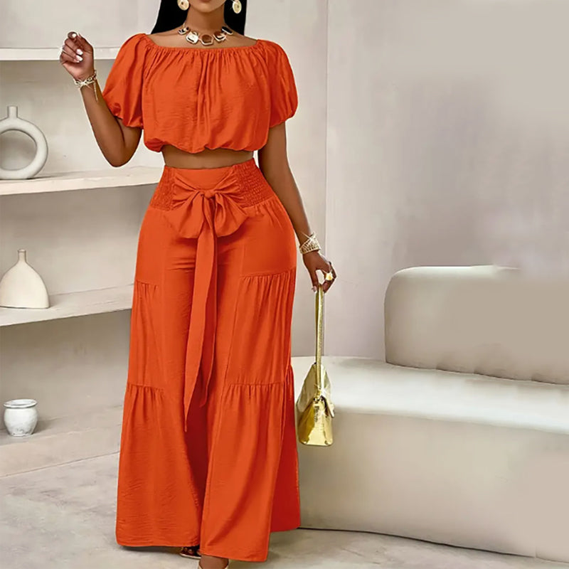 Conjunto para mujer: Top con hombros descubiertos y mangas abullonadas y pantalón de pierna ancha