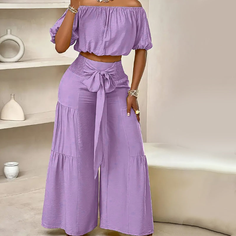 Conjunto para mujer: Top con hombros descubiertos y mangas abullonadas y pantalón de pierna ancha