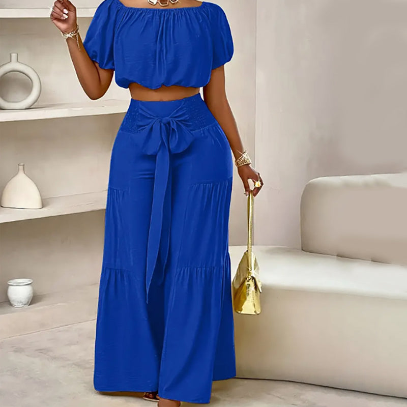 Conjunto para mujer: Top con hombros descubiertos y mangas abullonadas y pantalón de pierna ancha