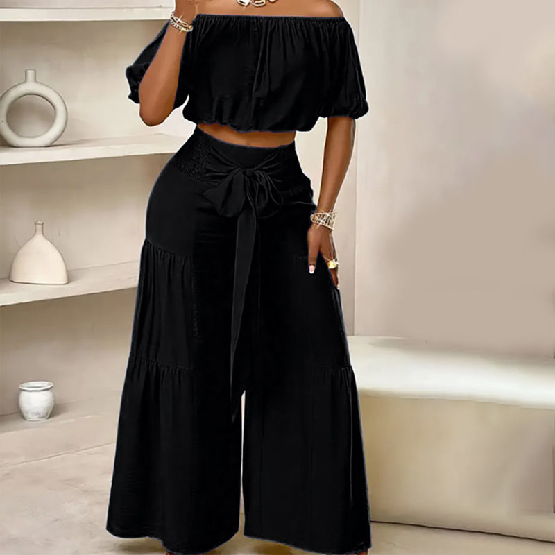 Conjunto para mujer: Top con hombros descubiertos y mangas abullonadas y pantalón de pierna ancha