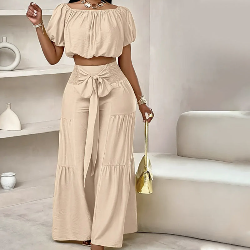 Conjunto para mujer: Top con hombros descubiertos y mangas abullonadas y pantalón de pierna ancha