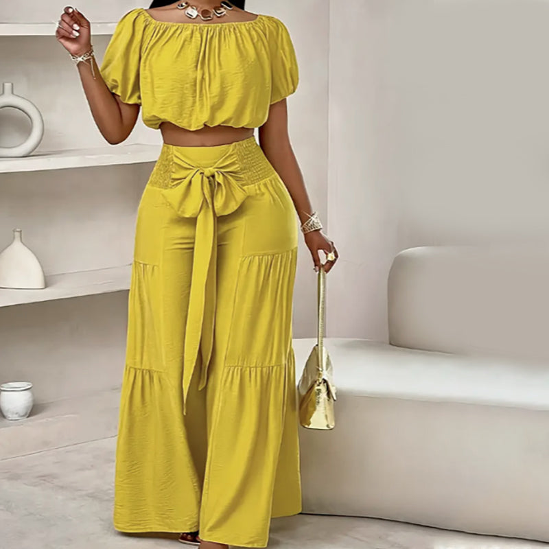 Conjunto para mujer: Top con hombros descubiertos y mangas abullonadas y pantalón de pierna ancha