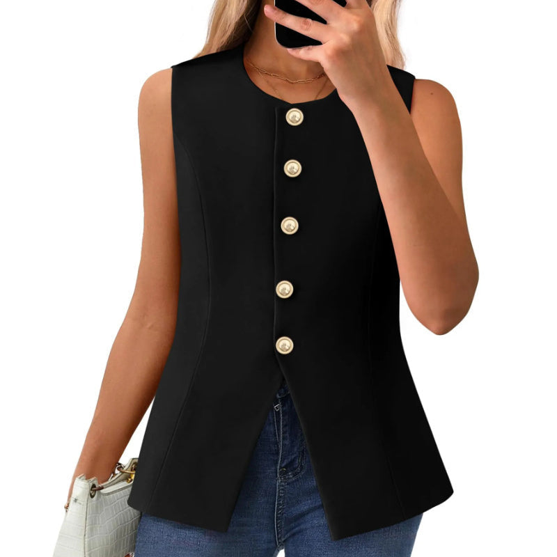 Chaleco de traje para mujer con cuello redondo y tapeta con botones