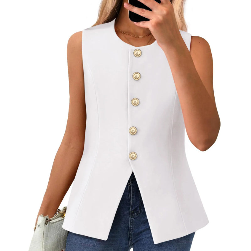 Chaleco de traje para mujer con cuello redondo y tapeta con botones