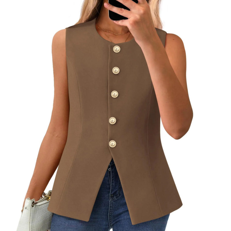 Chaleco de traje para mujer con cuello redondo y tapeta con botones