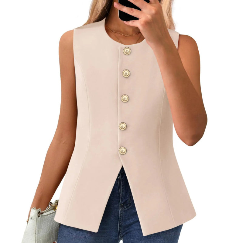 Chaleco de traje para mujer con cuello redondo y tapeta con botones