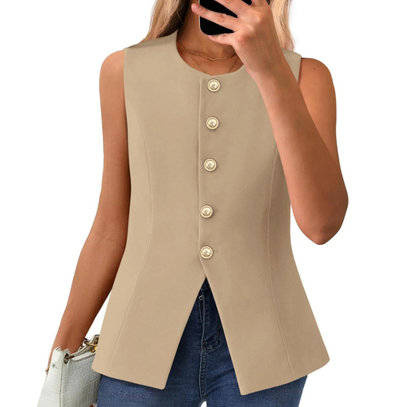 Chaleco de traje para mujer con cuello redondo y tapeta con botones