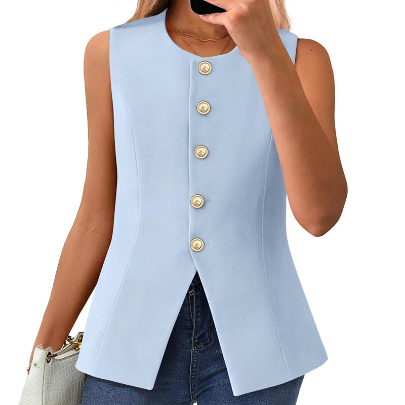 Chaleco de traje para mujer con cuello redondo y tapeta con botones