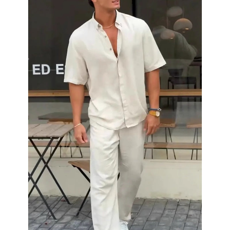 Camisa de manga corta para hombre con solapa de color liso y pantalón - Conjunto de 2 piezas👔