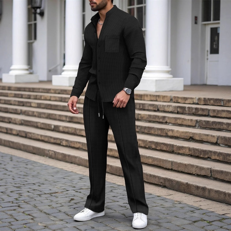 Conjunto de dos piezas de tejido gofrado para hombre: cómodo, transpirable y de estilo versátil