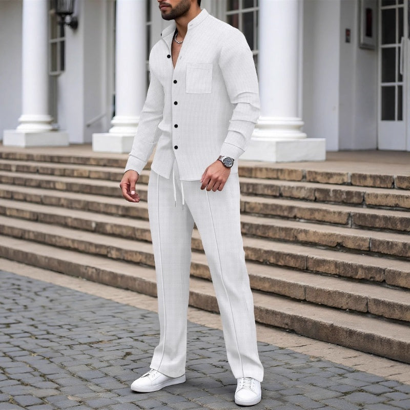 Conjunto de dos piezas de tejido gofrado para hombre: cómodo, transpirable y de estilo versátil