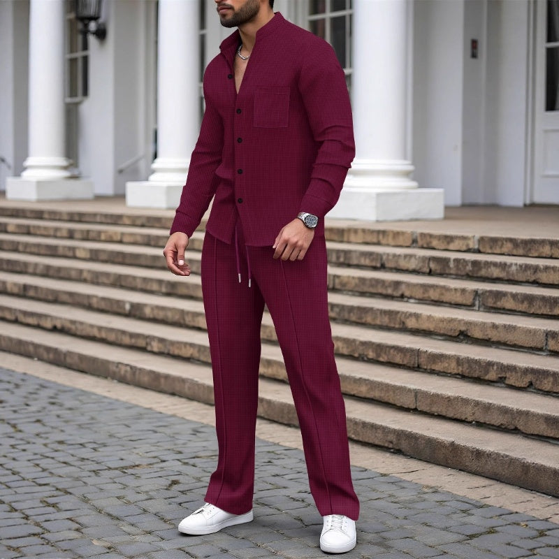 Conjunto de dos piezas de tejido gofrado para hombre: cómodo, transpirable y de estilo versátil