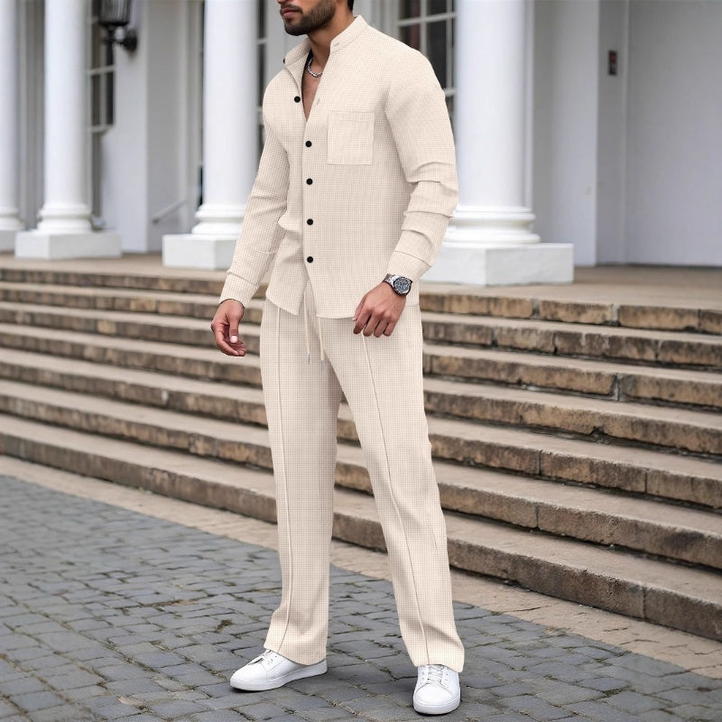 Conjunto de dos piezas de tejido gofrado para hombre: cómodo, transpirable y de estilo versátil