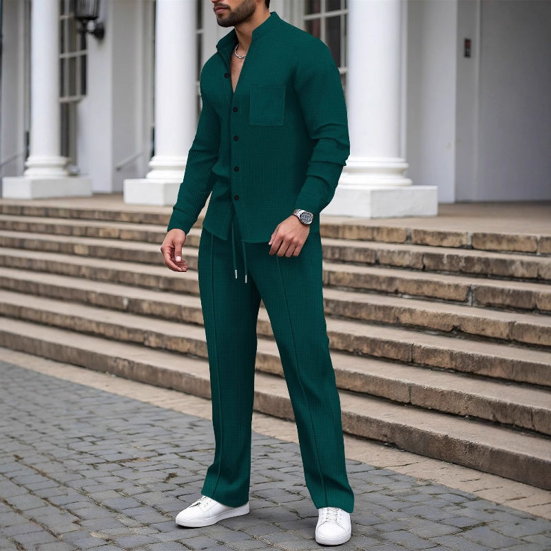 Conjunto de dos piezas de tejido gofrado para hombre: cómodo, transpirable y de estilo versátil