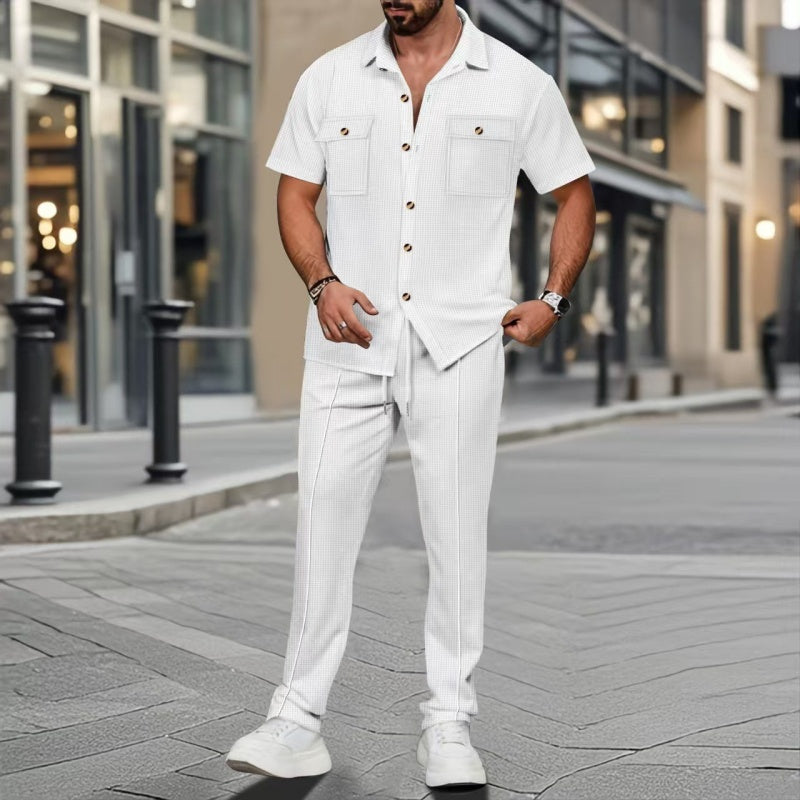 Ropa de hombre, color liso, estilo casual, algodón y lino, conjunto de dos piezas