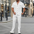 Ropa de hombre, color liso, estilo casual, algodón y lino, conjunto de dos piezas