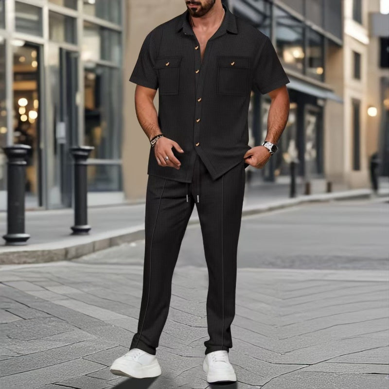 Ropa de hombre, color liso, estilo casual, algodón y lino, conjunto de dos piezas
